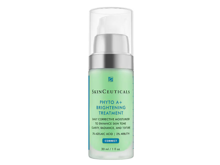 SkinCeuticals Phyto A+ Brightening Treatment in a 30 ml pump bottle with a clear cap, featuring a light green label and silver pump on a white background.