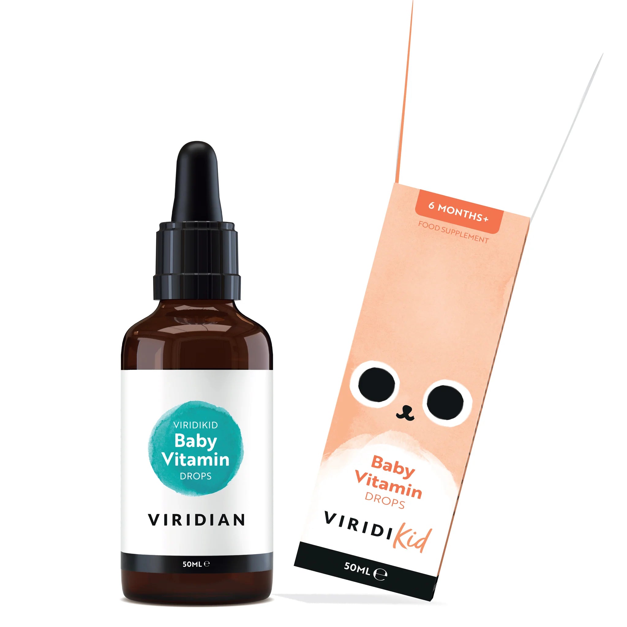 A 50ml bottle of Viridian Baby Vitamin Drops next to its peach-colored retail box featuring a cartoon animal face, on a clean white background.