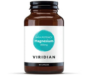 Brown supplement bottle labeled 'High Potency Magnesium 300mg' by Viridian on a white background