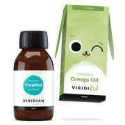 A 200ml bottle of Viridian Organic ViridiKid Omega Oil next to its green packaging box featuring a cute cartoon face, on a white background.