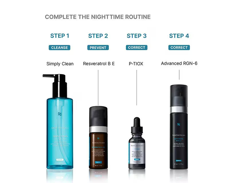 Four skincare bottles arranged in a step-by-step nighttime routine layout on a white background, with labels above each bottle: Simply Clean, Resveratrol B E, P-TIOX, and Advanced RGN-6.