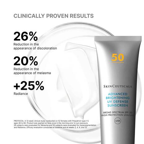 A tube of SkinCeuticals Advanced Brightening UV Defense Sunscreen SPF 50 shown on a clean white background with promotional text highlighting clinically proven results.