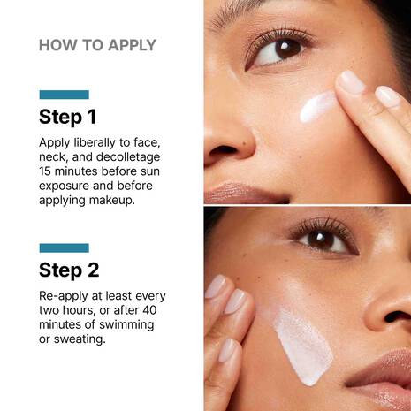 Instructional skincare graphic with text reading 'HOW TO APPLY' and two close-up photos of a person applying and re-applying a white cream to the face and neck.
