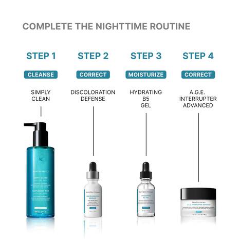 Step-by-step skincare routine diagram with Skinceuticals products on a white background