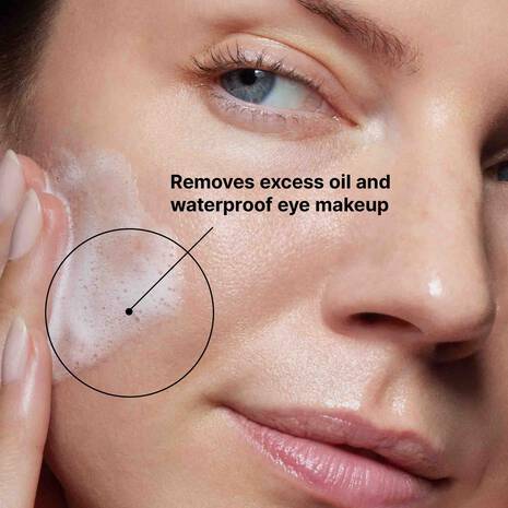 Close-up of a person's face with text indicating product use for removing oil and waterproof makeup.