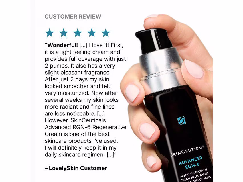 A hand holding a bottle of SkinCeuticals Advanced RGN-6 Assembling Recovery Cream against a white background, next to a customer review text and star rating.