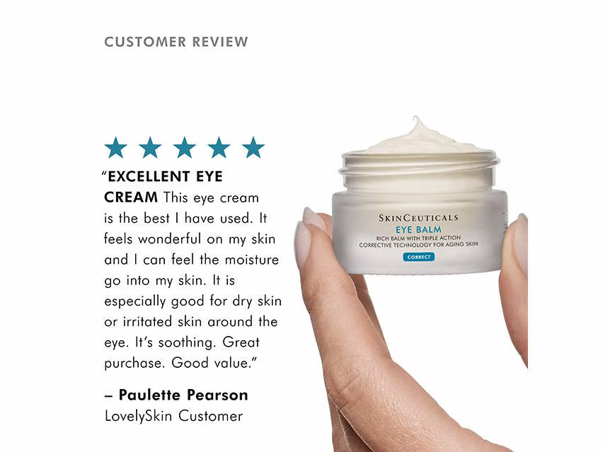 A hand holding an open jar of SkinCeuticals Eye Balm next to a customer review text on a white background.