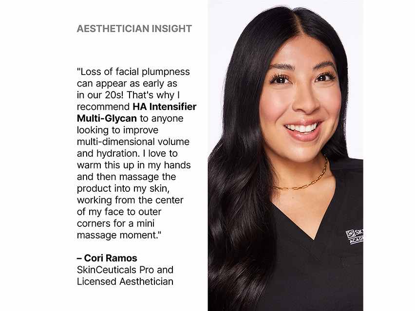 A promotional graphic featuring a smiling woman with long dark hair on the right and a quote about HA intensifier multi-glycan on the left. The text references Cori Ramos, SkinCeuticals Pro, and Licensed Aesthetician.