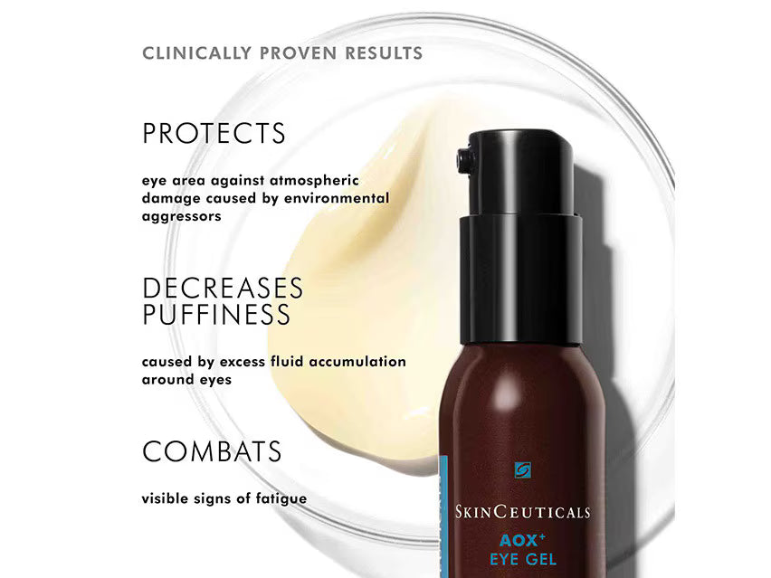 SkinCeuticals AOX Eye Gel pump bottle in dark brown with a black cap, shown next to a cream smear and text highlighting clinically proven results.