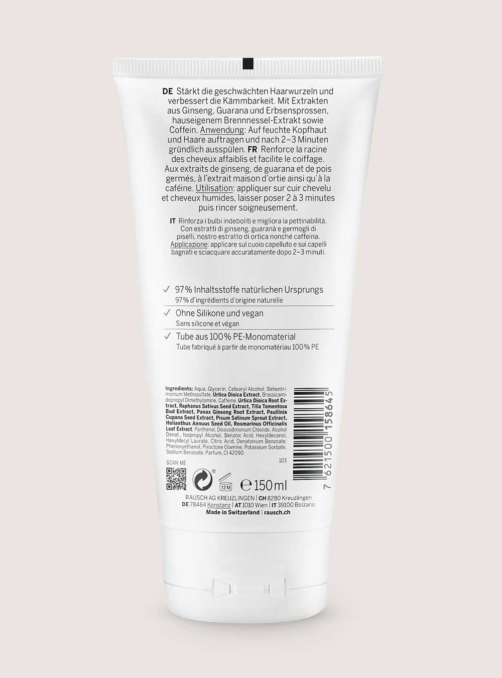 The back of a white squeeze tube packaging for a hair and scalp treatment, featuring German text, ingredients, a barcode, and a small circular brand logo near the top center.