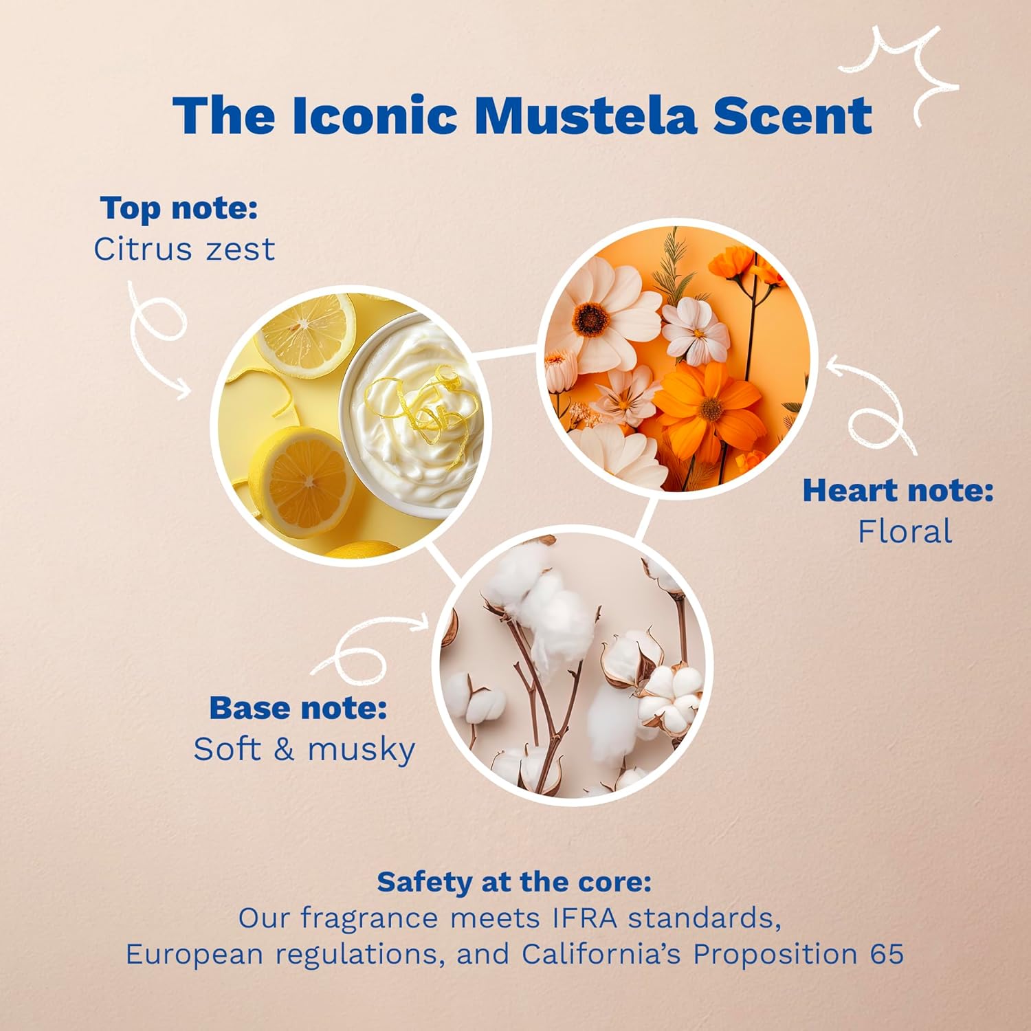 Diagram of Mustela fragrance notes with citrus, floral, and soft musky elements on a beige background.