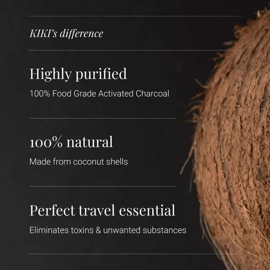 Coconut shell with text highlighting KIKI's activated charcoal product features.