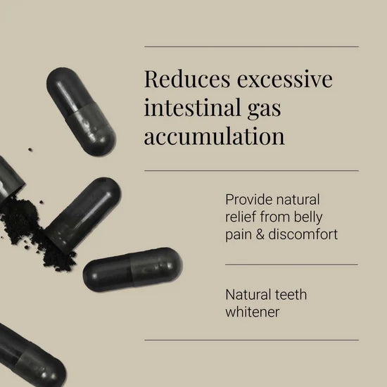Black capsules with text on a beige background