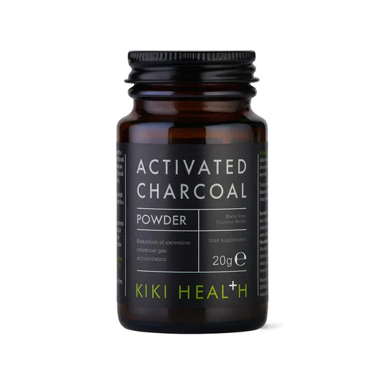 Bottle of Kiki Health Activated Charcoal Powder on a white background
