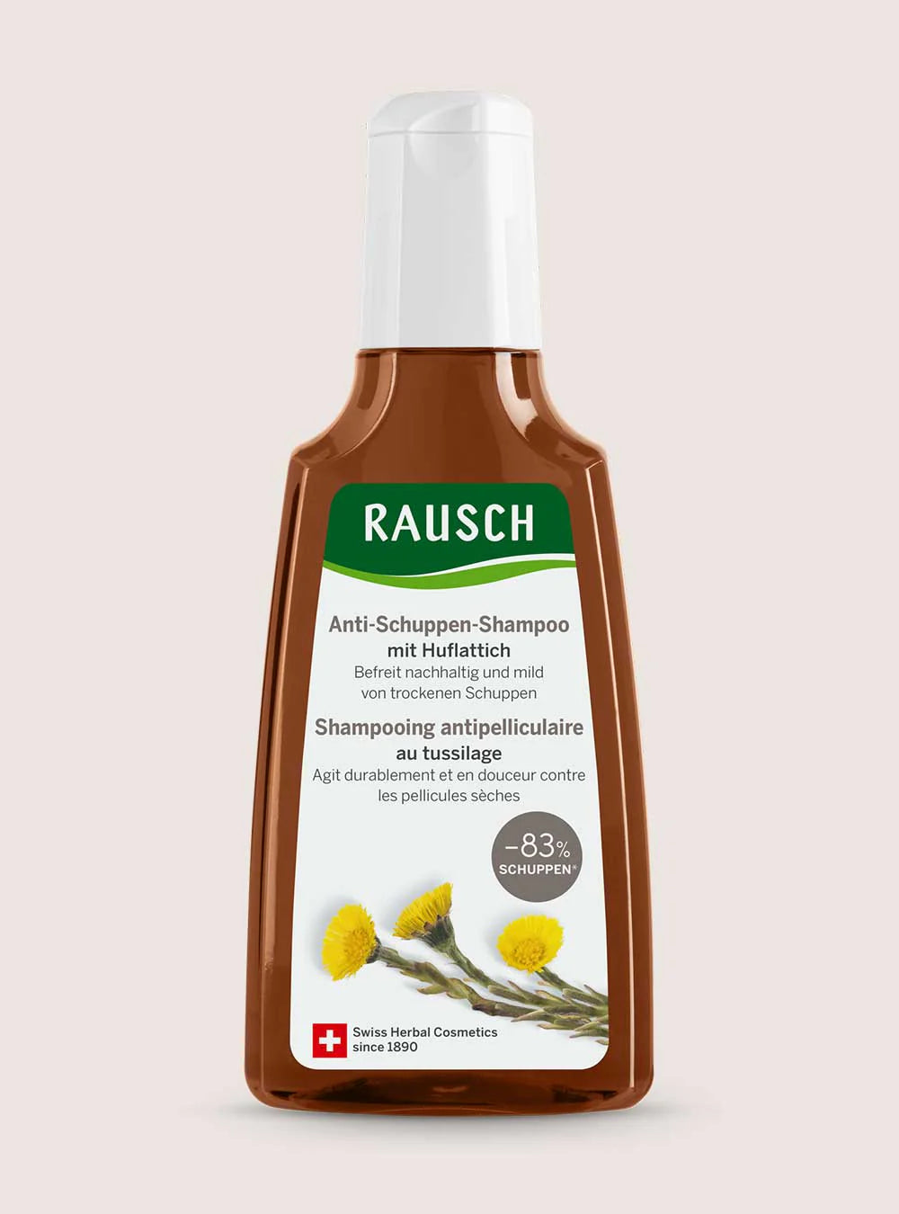 A bottle of Rausch Anti-Schuppen-Shampoo against a solid pale pink background. The bottle is brown with a white cap and a white label featuring green and yellow details.