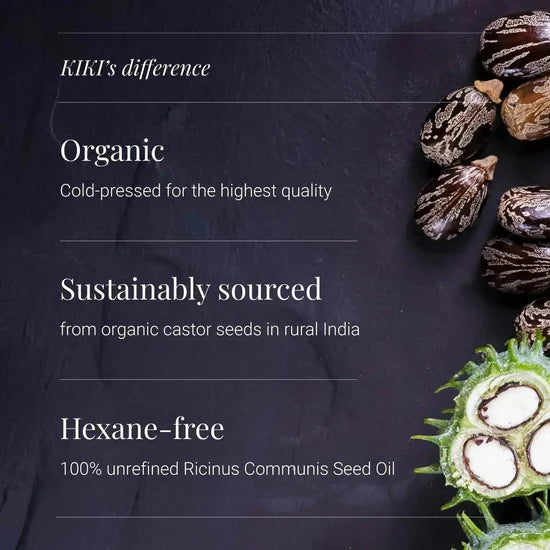 Organic castor seeds and seed head on a dark background with text highlighting KIKI's difference.