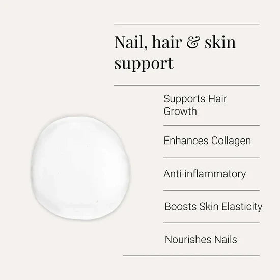 A white circular pad or gel pad shown on a light beige background beside text reading 'Nail, hair & skin support' with bullet points about supporting hair growth, enhancing collagen, being anti-inflammatory, boosting skin elasticity, and nourishing nails.