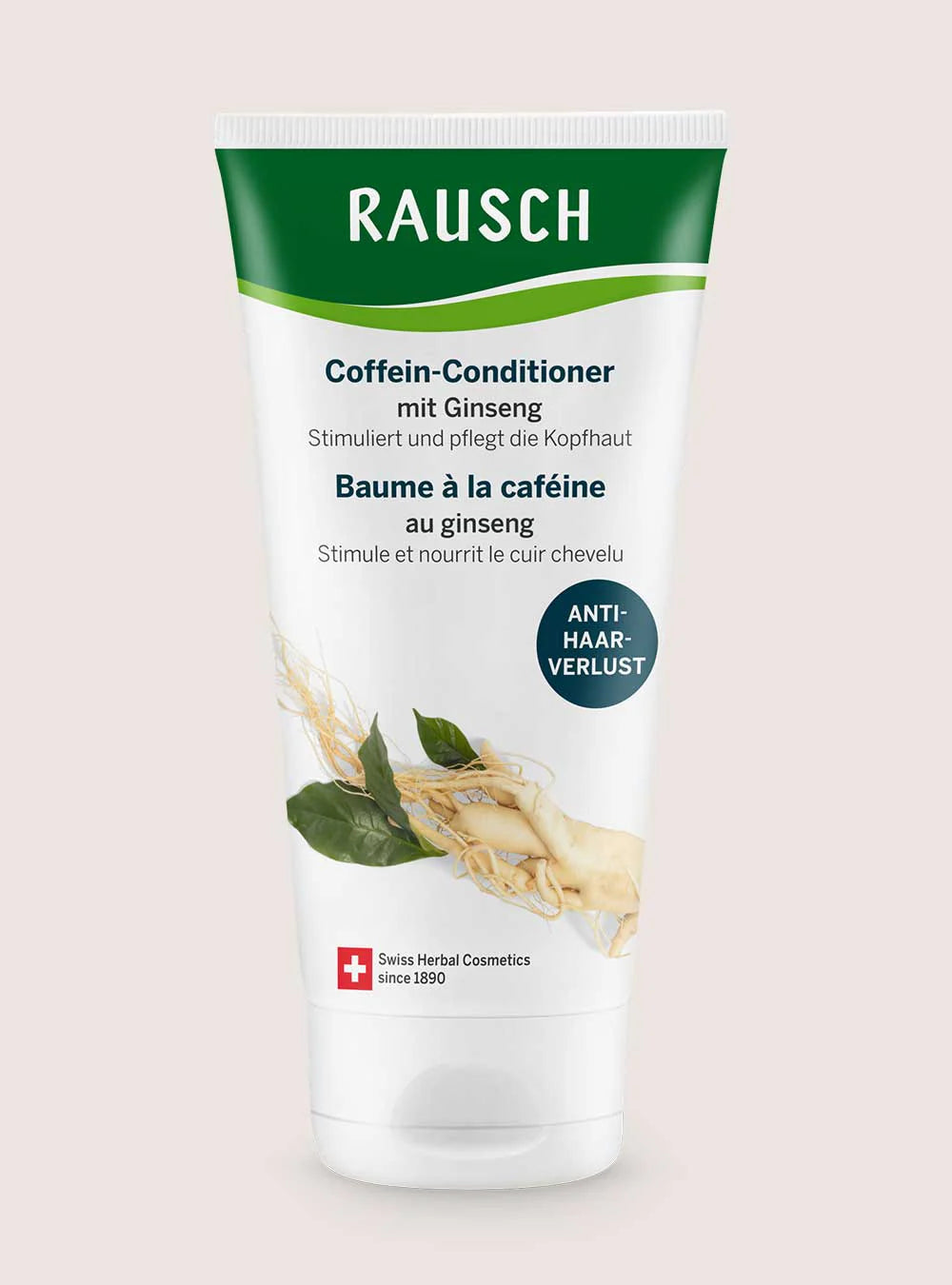 Rausch caffeine conditioner packaging with green and white design on a light beige background
