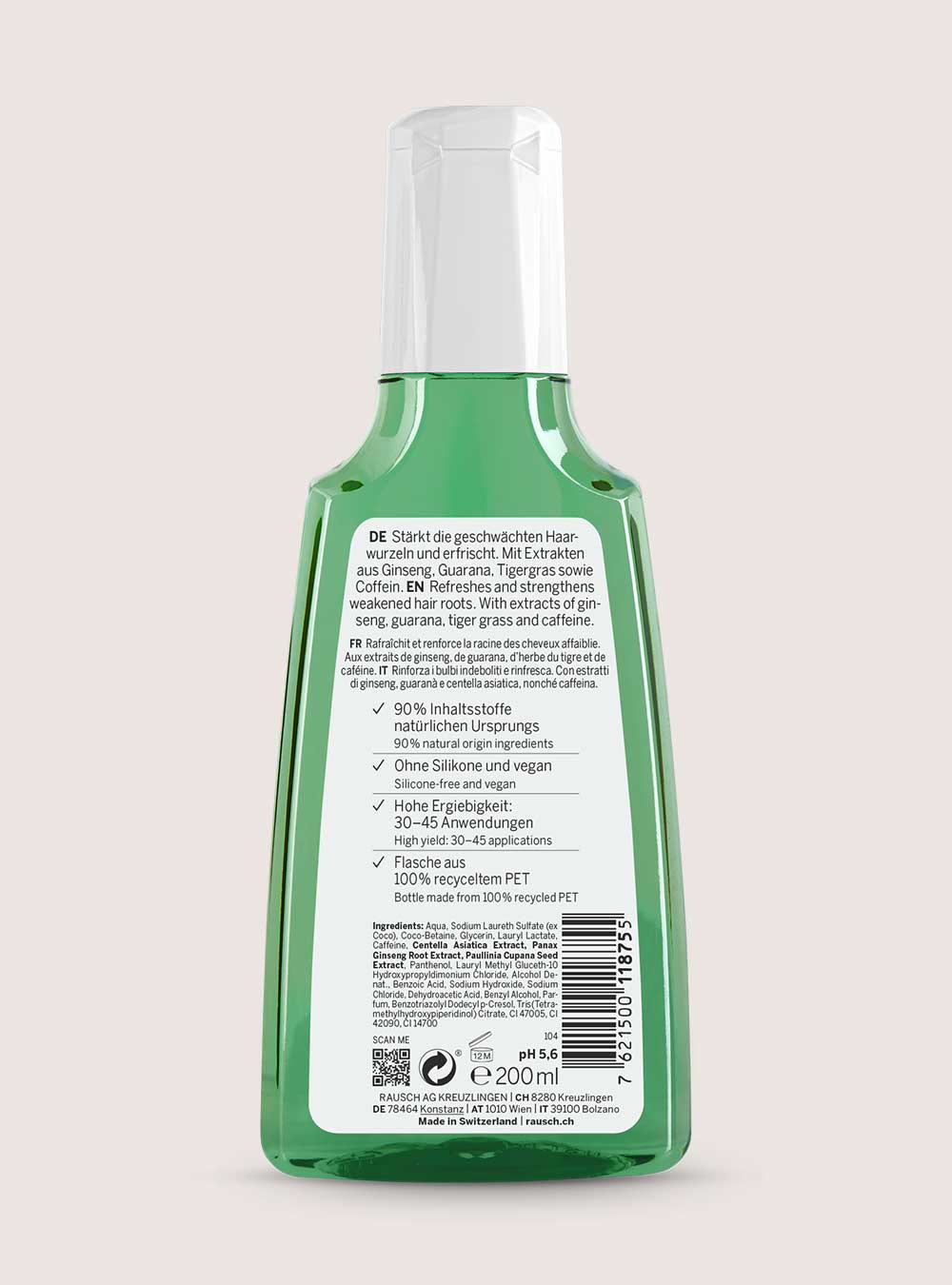 The back of a 20ml spray bottle of hair growth serum, showing the white text label and barcode against a pale pink background.