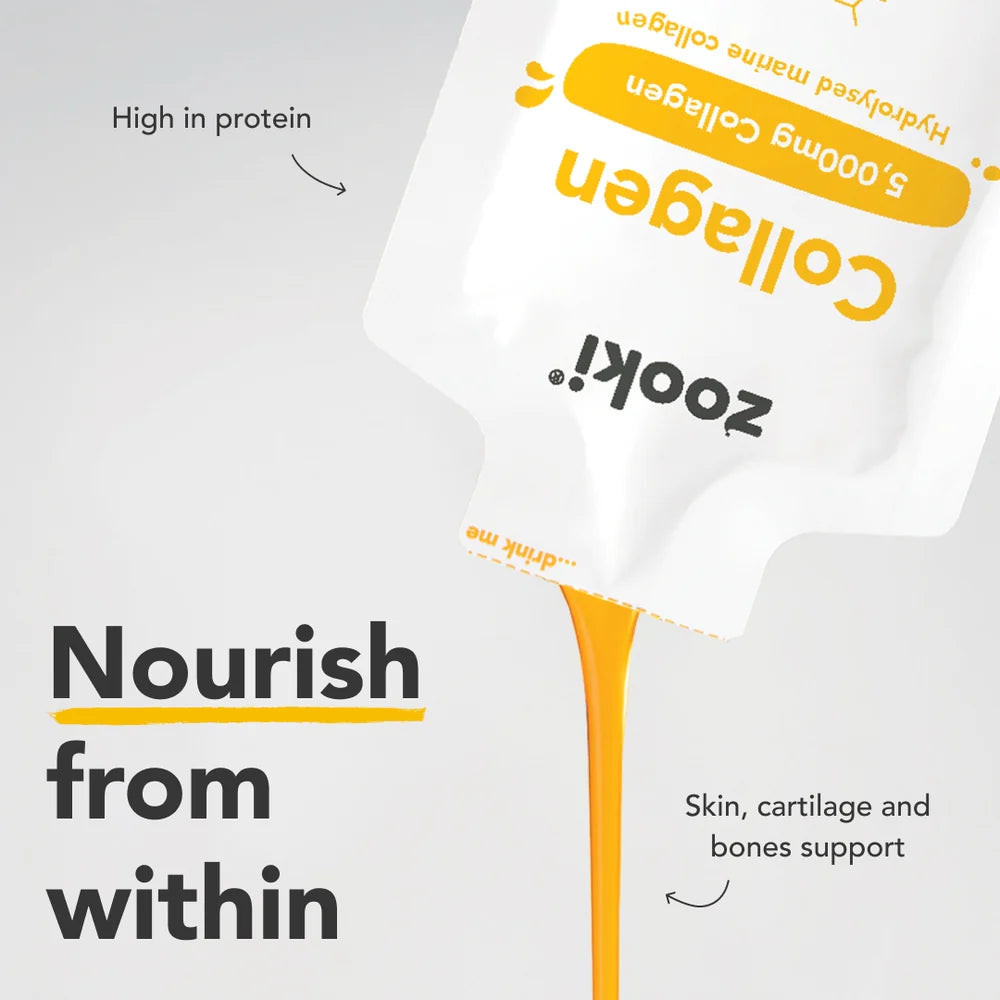 A white collagen supplement pouch labeled 'Collagen' and 'zooki' is shown tilted with an orange-yellow liquid dripping from it on a light gray background. Text callouts read 'High in protein' and 'Nourish from within' with additional claims about skin, cartilage, and bones support.