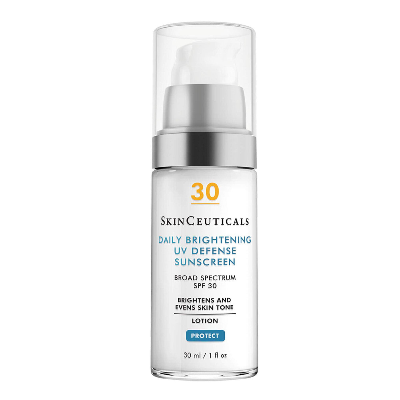 SkinCeuticals Daily Brightening UV Defense Sunscreen SPF 30 bottle on a white background. SkinCeuticals Double Defence PHL CF Kit | LSDC Pharmacy London