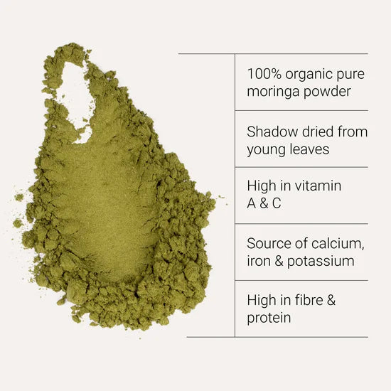 Green powder with text on a white background