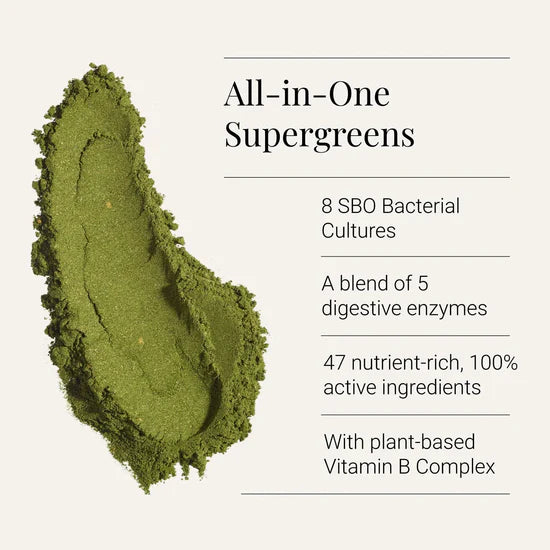 Green superfoods powder with text detailing its contents on a light background