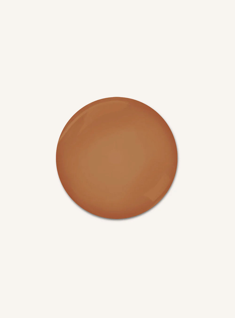 A smooth, circular color swatch of a warm terracotta brown shade, centered on a solid off-white background.