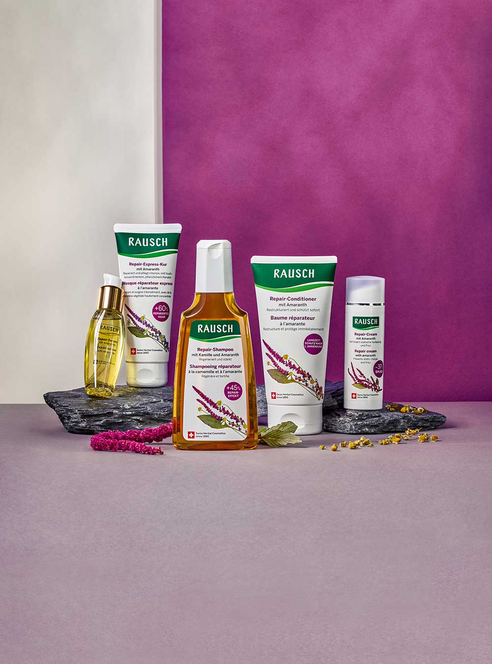 RAUSCH skincare products on a purple and gray background