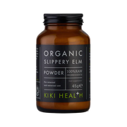 An amber glass bottle of Kiki Health Organic Slippery Elm Powder with a black label and black screw cap, shown on a plain white background.