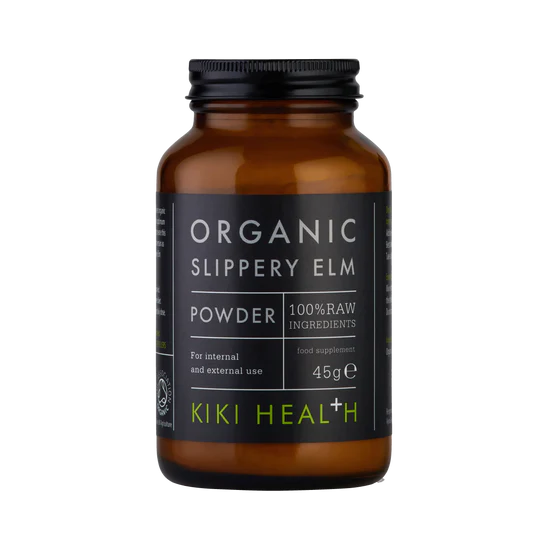 An amber glass bottle of Kiki Health Organic Slippery Elm Powder with a black label and black screw cap, shown on a plain white background.