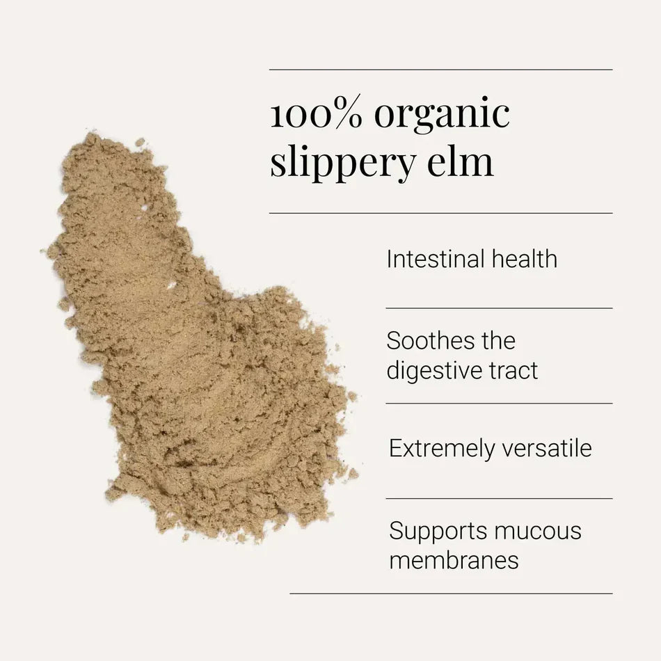 Organic slippery elm powder with health benefits listed on a white background
