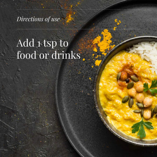 Yellow dish with chickpeas and seeds on a black plate with text on a dark background