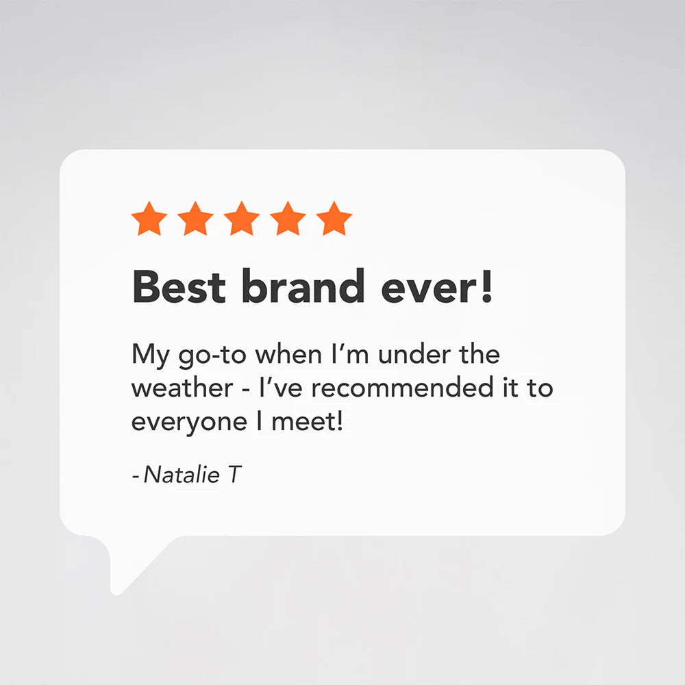 A five-star review graphic with an orange star rating and a quote from Natalie T on a white speech-bubble style card against a light gray background.