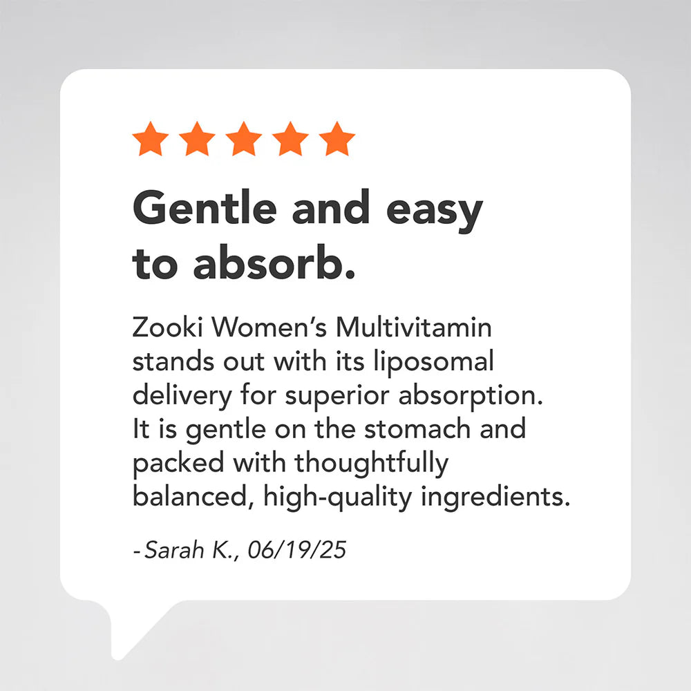 A white speech-bubble style review card on a light gray background with five orange stars and text reading 'Gentle and easy to absorb.' and a customer quote from Sarah K.