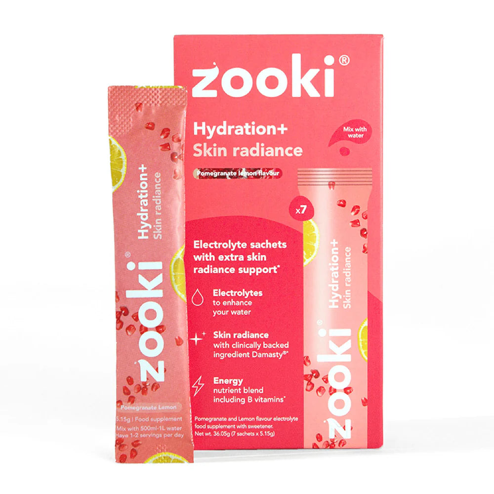 Zooki Hydration+ Skin Radiance electrolyte sachets, featuring a single packet and its corresponding retail box on a clean white background.