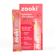 Zooki Hydration+ Skin Radiance electrolyte sachets, featuring a single packet and its corresponding retail box on a clean white background.