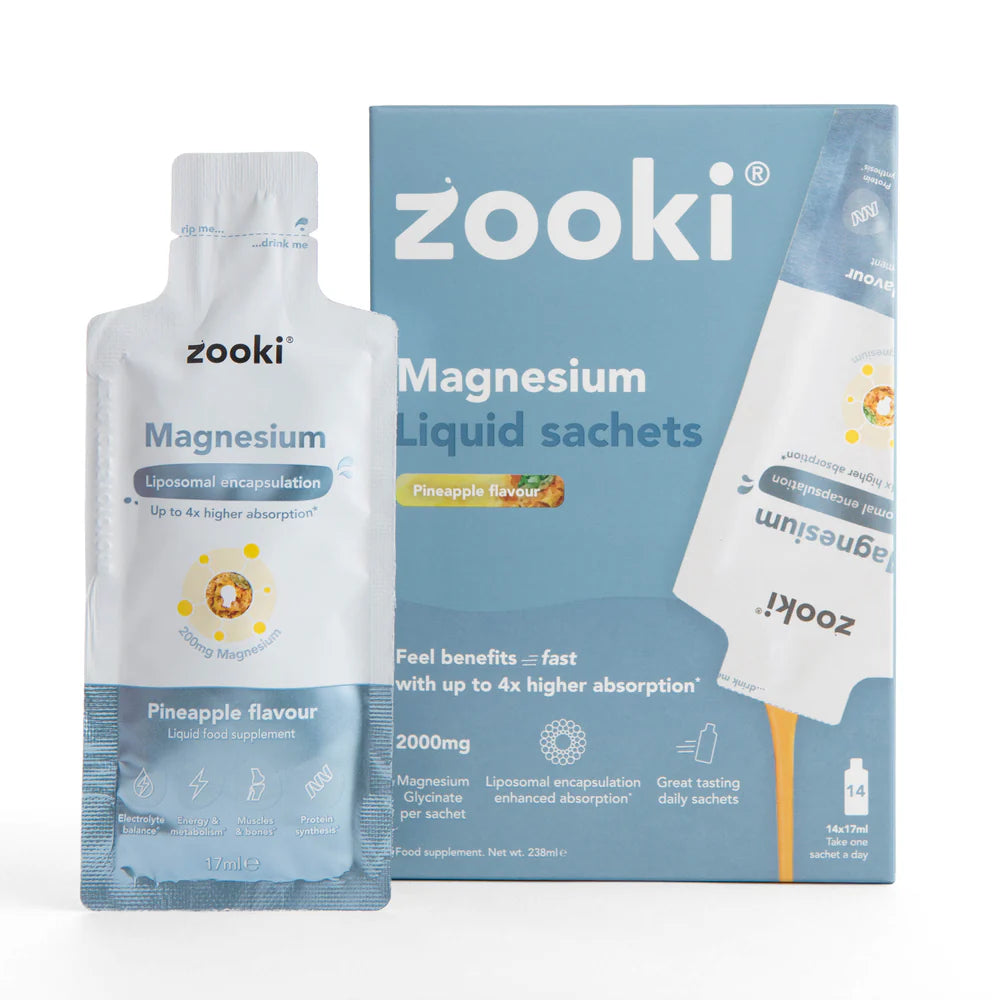 Zooki Magnesium liquid sachets with packaging on a white background