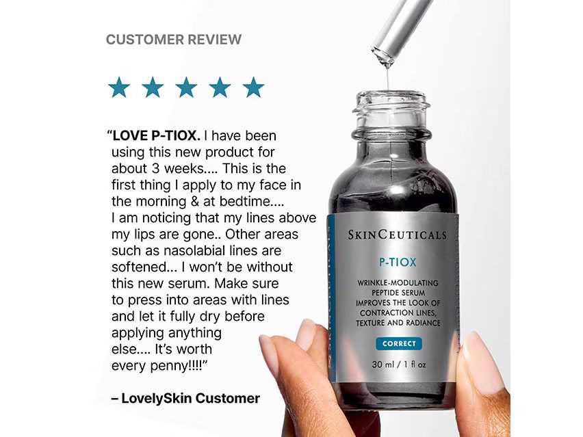 A bottle of SkinCeuticals P-Tiox skincare serum is shown with a dropper above the open bottle, held by a person's hand against a white background. A customer review section with five stars and a testimonial is printed on the left side.