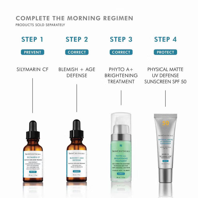 A skincare regimen infographic showing four separate products from SkinCritical arranged in a morning sequence with labels and arrows: Silymarin CF, Blemish + Age Defense, Phyto A + Brightening Treatment, and Physical Matte UV Defense Sun Defense SPF 50.