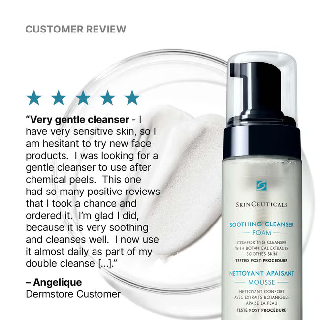 SkinCeuticals Soothing Cleanser Foam bottle shown next to a glass bowl of white foam, with a customer review text and star rating on a white background.