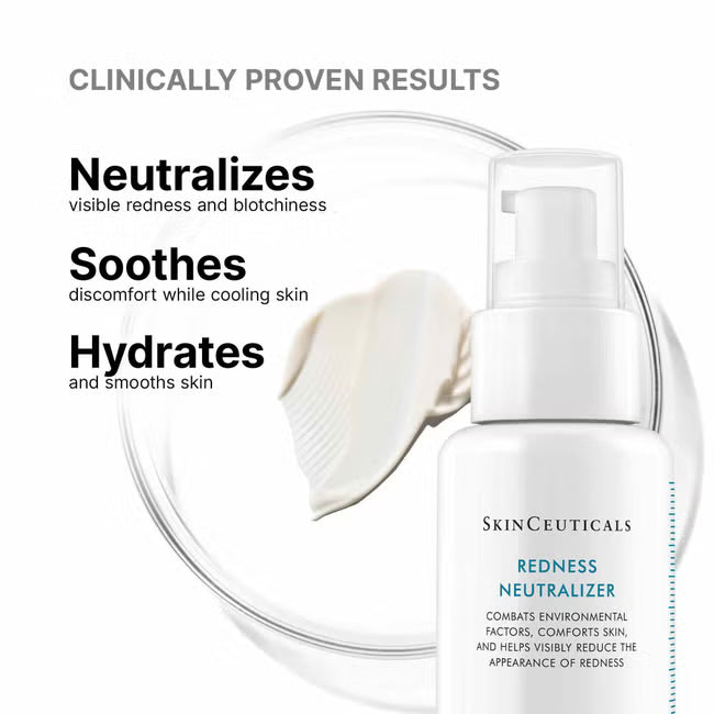 SkinCeuticals Redness Neutralizer bottle with text highlighting its benefits on a white background
