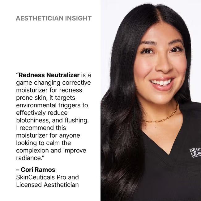 Woman with long dark hair wearing a black shirt with a SkinCeuticals logo, text about Redness Neutralizer on the left.