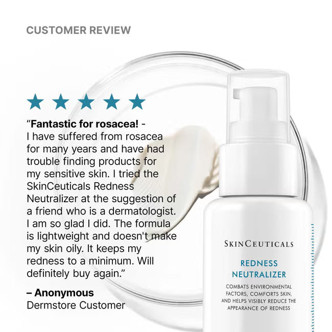 A bottle of SkinCeuticals Redness Neutralizer shown on a white background with a faint circular graphic behind it. The bottle is white with a pump and blue text.