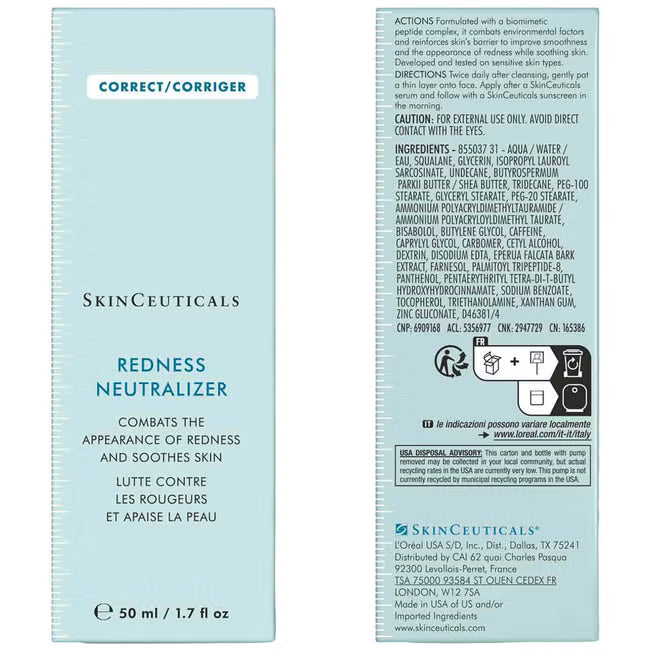SkinCeuticals Redness Neutralizer 50 ml bottle packaging, showing the front and back labels in light blue and white.