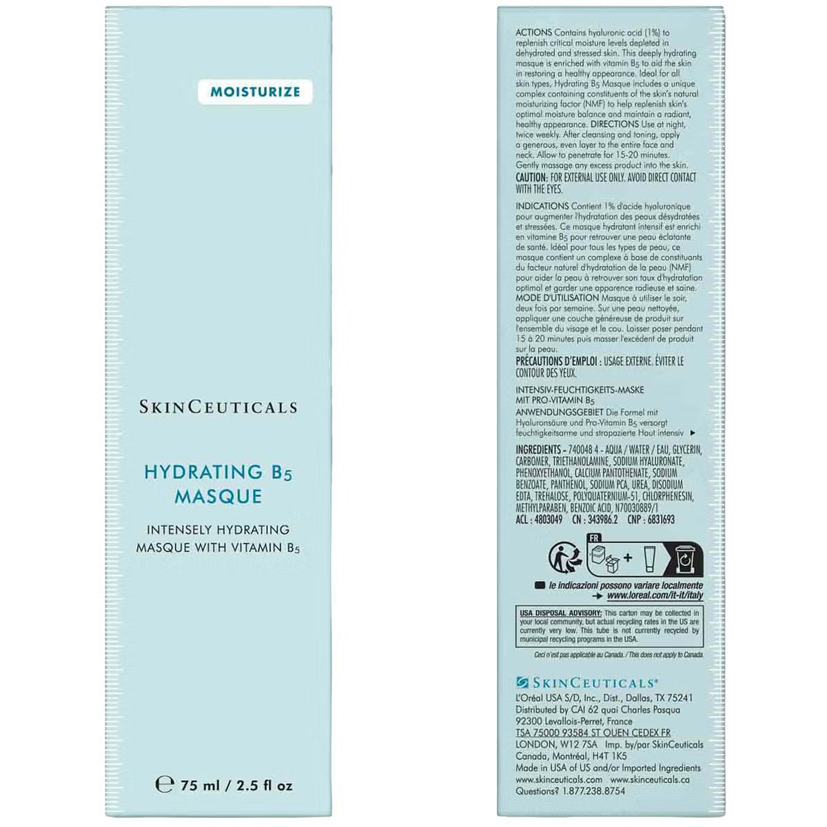 The front and back of a SkinCeuticals Hydrating B5 Masque skincare bottle packaging, featuring a light blue-green design with white text and product details.