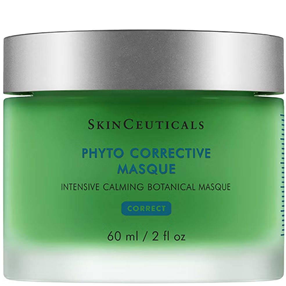 SkinCeuticals Phyto Corrective Masque in a green jar with a metallic silver lid, shown against a plain white background.