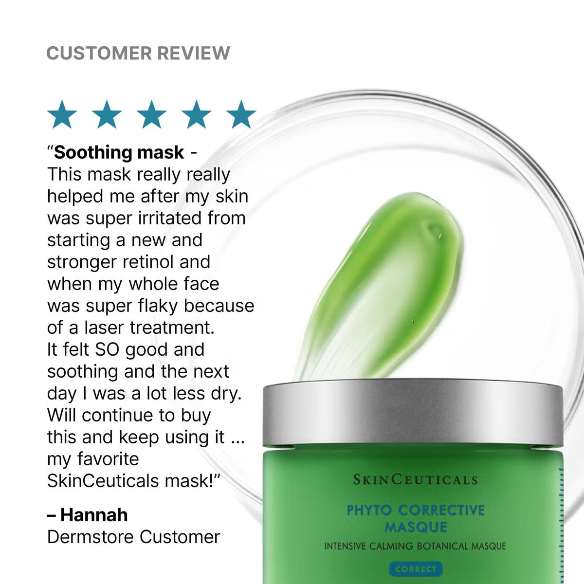 Green skincare mask with a silver cap on a white background, featuring a customer review.
