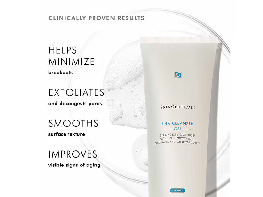 SkinCeuticals LHA Cleanser Gel with text highlighting benefits on a white background
