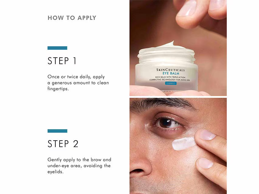 Instructional graphic for Skinceuticals Eye Balm showing how to apply the cream, with text steps on the left and close-up photos of a hand and eye on the right.